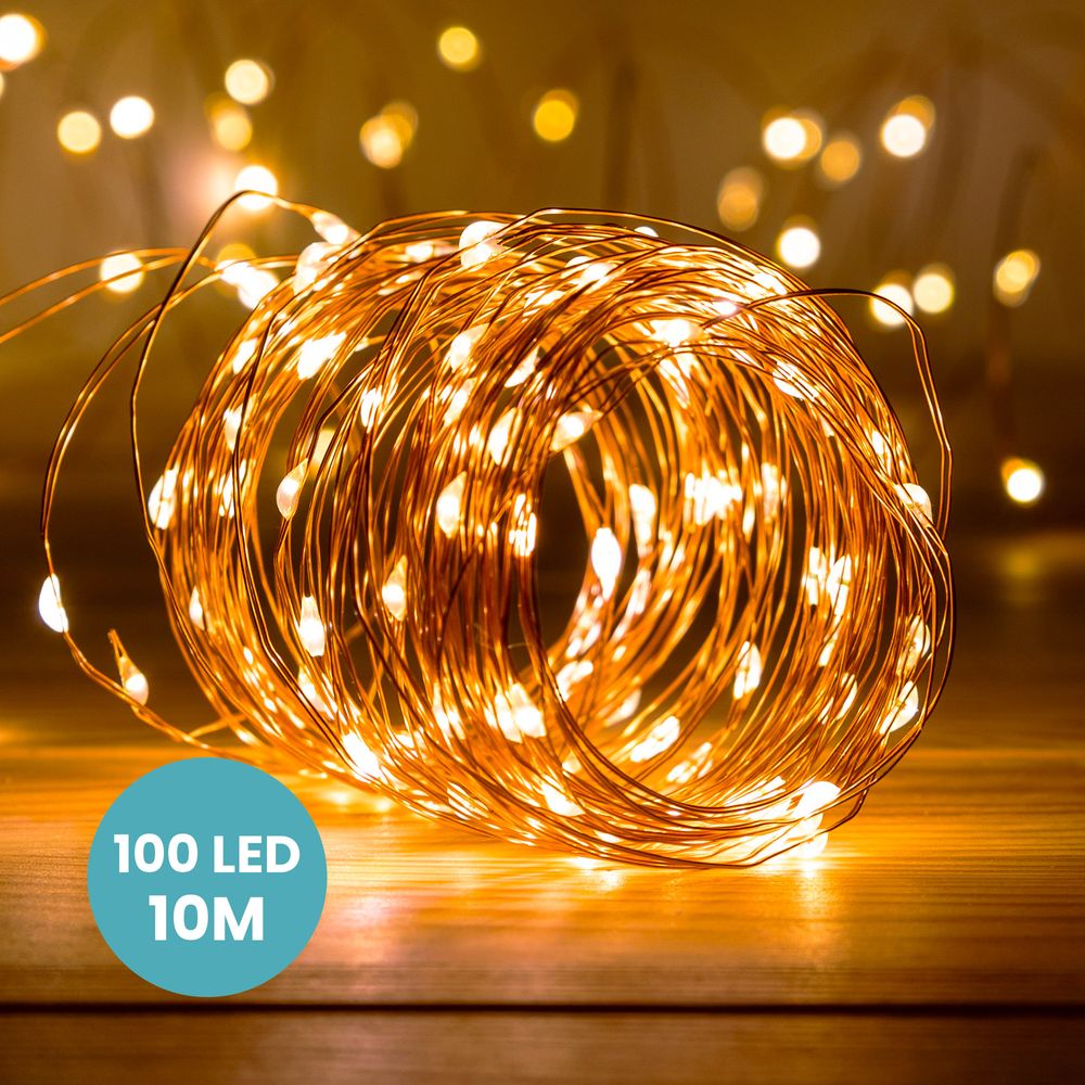 Guirlande Micro LED 10M Cuivre 100 LEDs Blanc Chaud