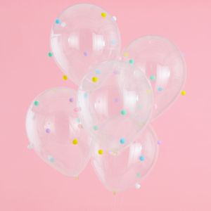 Ballon Transparent avec Pompons Multicolores x5